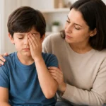 Madre acompaña a un niño que cubre uno de sus ojos por una molestia ocular.
