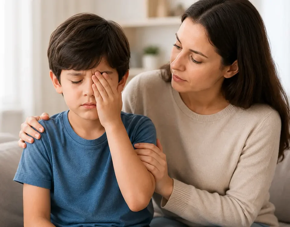 Madre acompaña a un niño que cubre uno de sus ojos por una molestia ocular.