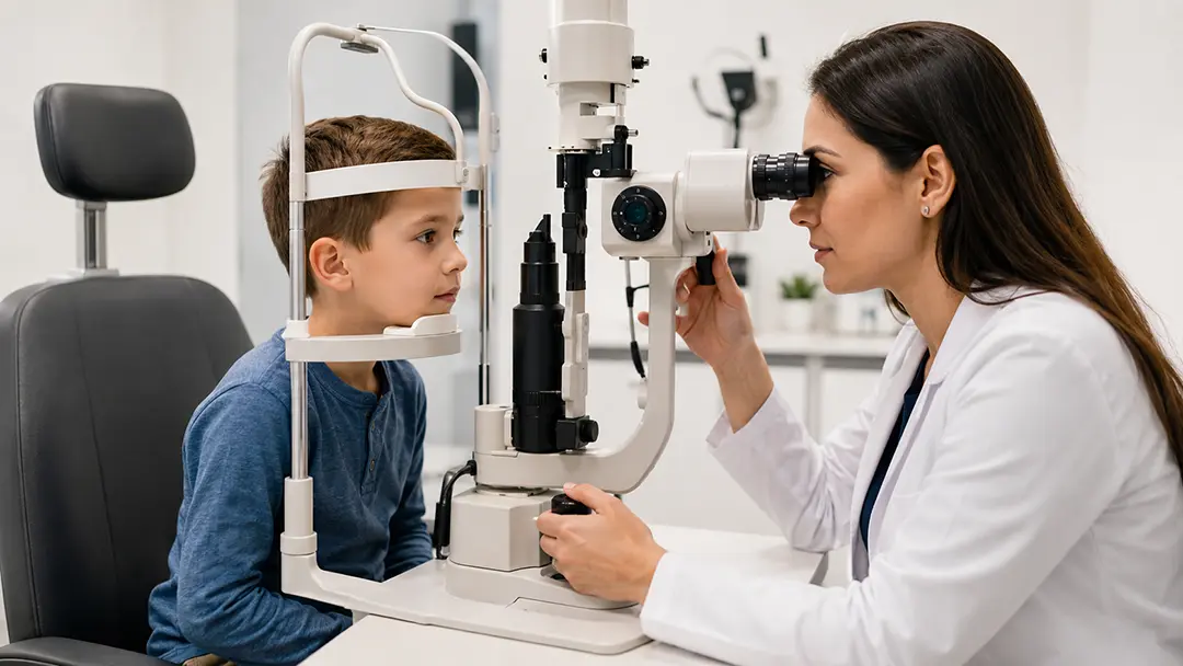 Oftalmóloga pediatra revisa la visión de un niño durante una consulta